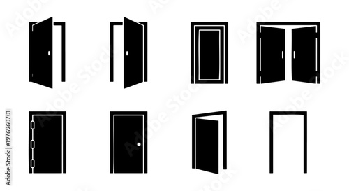 Black door icon set, 8 vector doorway symbols, open and closed house doors