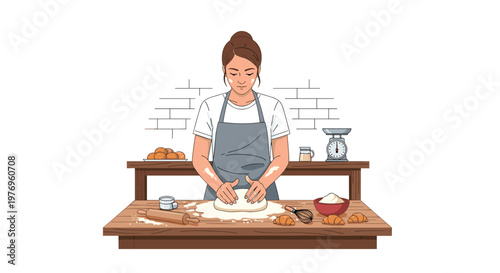 A dedicated female baker wearing a grey apron concentrates on kneading fresh dough on a rustic wooden table within a bright and clean culinary workspace.