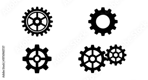 Industrial gear icons, mechanical cogwheel set, black vector machinery parts