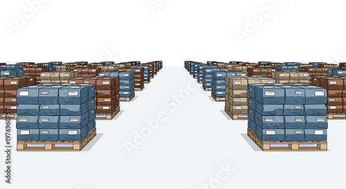 Endless rows of stacked cardboard boxes on wooden pallets create a perfect symmetrical perspective within a vast and organized industrial storage warehouse facility.