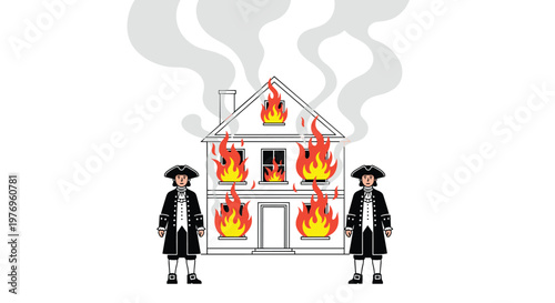 Two men wearing formal eighteenth-century coats stand stoically beside a two-story house engulfed in thick grey smoke and vibrant, flickering orange flames.
