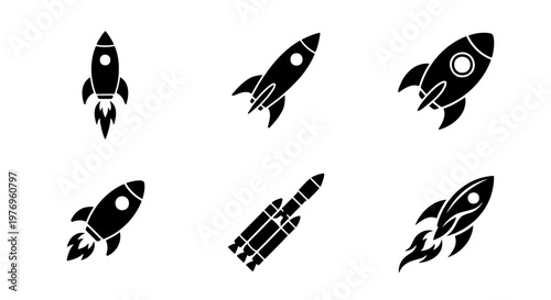 Rocket ship icon set, black spaceship vector icons, 6 space launch symbols