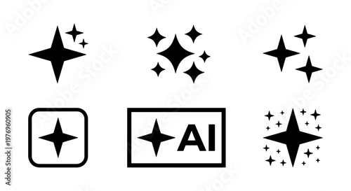 Sparkle star icon set, AI technology symbols, black magic glitter vectors