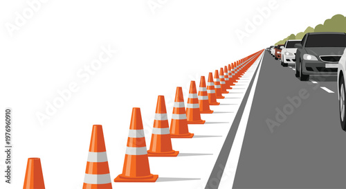 A long row of bright orange traffic cones creates a clear barrier along a busy highway while cars wait patiently in a long queue under a bright atmosphere.