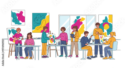 Creative students paint colorful abstract compositions on canvases within a sunlit studio space featuring minimalist furniture and soft pastel aesthetics.