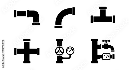 Industrial plumbing pipe icons, 6 black vector pipe fittings, water system