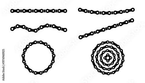 Bicycle chain vector set, black bike link icons, cycling gear elements