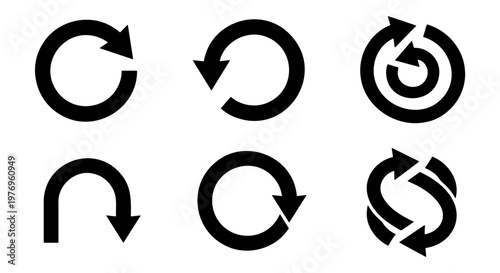 Circular refresh arrow icons, rotation reset symbols, 6 vector elements