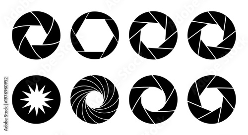 Camera shutter aperture icons, 8 black vector lens diaphragm symbols