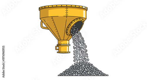 A large yellow industrial hopper pours a steady stream of grey gravel into a growing pile on the floor in a clean environment with a bright aesthetic.