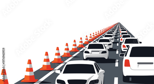 Multiple white passenger cars sit in a dense traffic jam behind a long line of orange safety cones on a grey paved road under a bright white background.