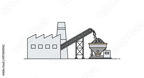 A simplified industrial factory features a long conveyor belt transporting grey rocks into a metal hopper for processing in a clean minimalist setting.