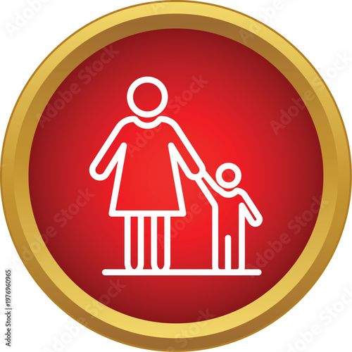Mother holding child's hand inside a red circular icon with golden border