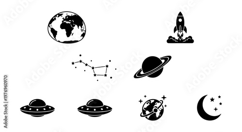 Space exploration icon set, black galaxy vector symbols, 8 astronomy elements