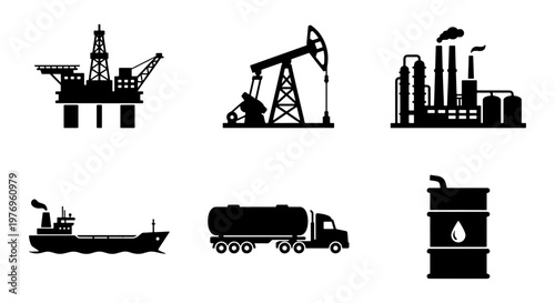 Industrial oil and gas icons, petroleum energy set, fuel production vectors
