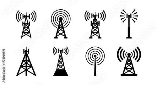 Radio Tower Icon Set, 8 Communication Antenna Vectors, Signal Mast Symbols