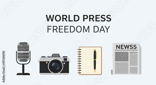 World Press Freedom Day with Microphone, Camera, Notebook, and Newspaper on Light Background