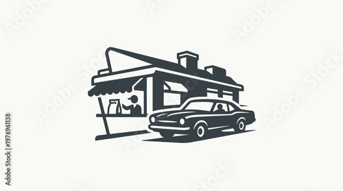 Retro Drive-Thru Cafe and Vintage Car