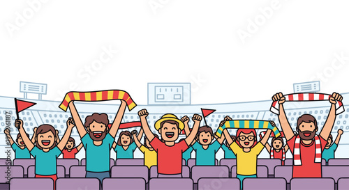 Enthusiastic fans in a stadium hold up colorful scarves and flags while cheering with wide smiles in this vibrant, flat-style illustration of a big game.