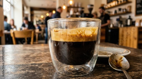 A close-up shot of espresso in a glass cup on a table with a spoon and saucer inside a cafe with people.