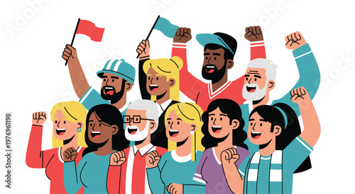 Diverse group of enthusiastic people cheering with raised fists and colorful flags in a vibrant flat vector art style against a clean white background.