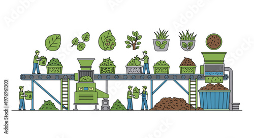 Dedicated workers in green uniforms operating a large industrial composting machine with various organic waste icons floating above in a clean setting.
