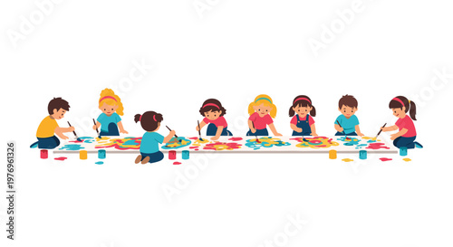 Group of diverse children sitting on the floor painting a long collaborative mural with brushes and colorful paint pots in a bright creative classroom.