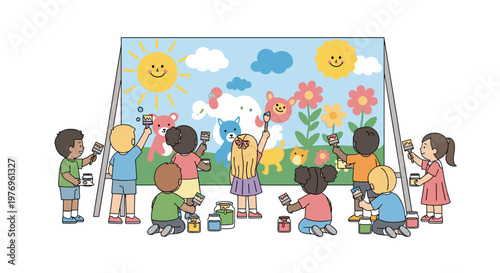 Children painting a large vibrant mural depicting a bright sun, flowers, and cute animals on a standing easel board in a cheerful outdoor environment.