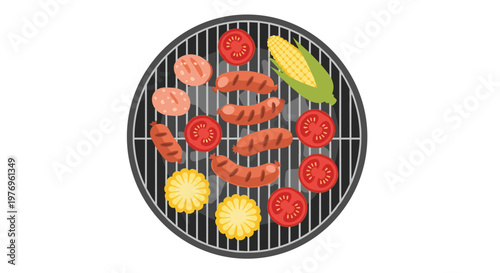 Top-down view of a circular grill featuring sausages, corn cobs, and tomato slices cooking over hot charcoal in a clean and minimalist graphic style.