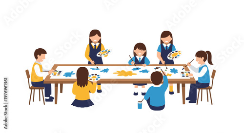 Students sitting around a large wooden table painting on a shared canvas using individual palettes and brushes in a clean and organized art classroom.