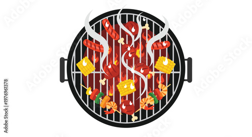 Circular grill filled with various meats, skewers, vegetables, and corn emitting smoke and flames from below in a vibrant and detailed graphic style.
