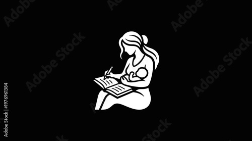 Mother Writing And Nursing Baby On Black Background