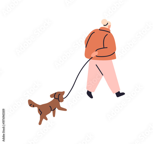 Owner in outerwear walks dog. Lady in winter clothes strolls with doggy. Senior woman leads her puppy on leash. Person with pet outdoors. Flat isolated vector illustration on white background