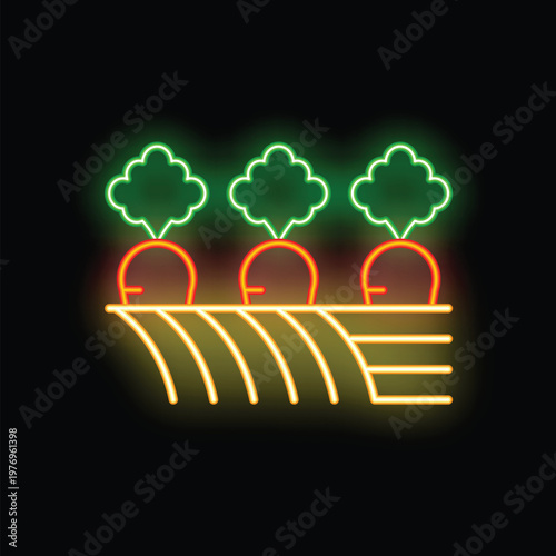 Neon sign illustrating three carrots growing in the ground, representing concepts like agriculture and healthy eating