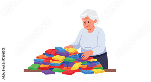 Elderly woman with white hair standing at a table and sorting a large pile of vibrant colorful folded clothes in a bright and cozy indoor setting.
