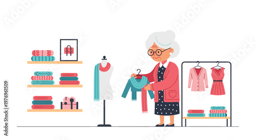 Elderly woman with glasses standing in a shop holding a scarf and sweater near a mannequin and clothing rack in a bright and minimalist boutique.