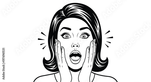 Stunned female character with expressive wide eyes and hands pressed against her cheeks in a dramatic black and white comic book style artistic portrait.