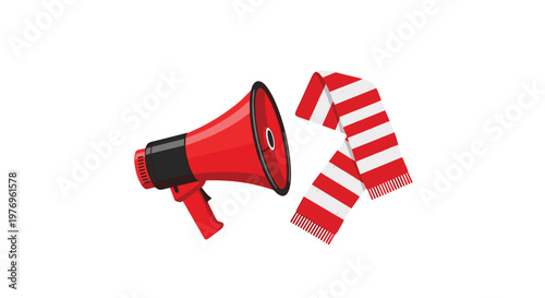 Vibrant red megaphone positioned next to a matching red and white striped scarf in a bold graphic illustration for sports fan cheering event concepts.