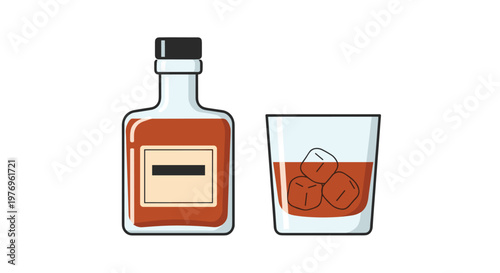 A single glass bottle filled with amber liquid sits beside a clear glass containing three ice cubes against a pristine white background with soft lighting.