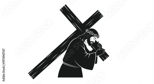 A stark black and white silhouette depicts Jesus carrying a large wooden cross while wearing a crown of thorns against a clean white background surface.