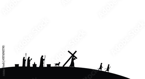 A black silhouette shows a procession of figures walking up a grassy hill with one figure carrying a large cross against a plain white background surface.