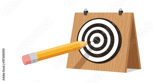 A yellow pencil points toward a hand-drawn target mounted on a wooden board with metal clips in a bright clean space featuring soft natural textures.