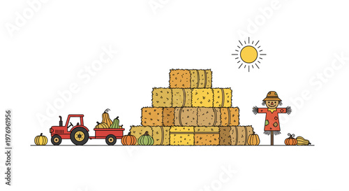 A red tractor pulls a wagon of pumpkins beside a large hay bale pyramid and a friendly scarecrow in a bright rural scene with soft autumn colors.