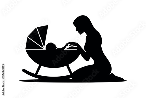 A mother tenderly cares for her baby in a rocking crib