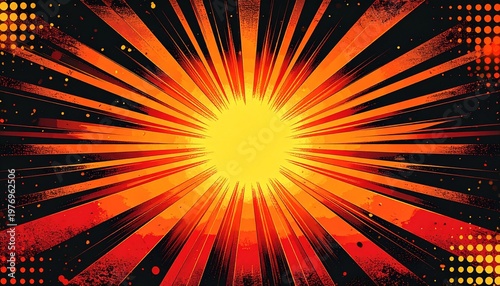 Dynamic comic book sunburst background with energetic orange and red rays.
