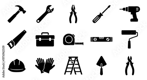Construction tool icons, 15 repair equipment vectors, black work symbols