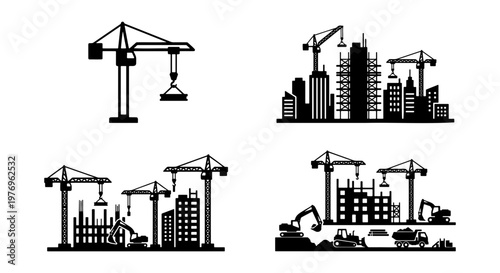 Construction crane silhouettes, building site icons, industrial vector set