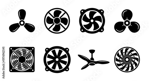 Industrial fan icon set, 8 cooling propeller vectors, black blower symbols