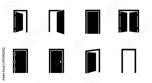 Minimalist door icon set, black doorway silhouettes, 8 vector elements