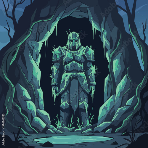 Glowing green armored warrior standing still.